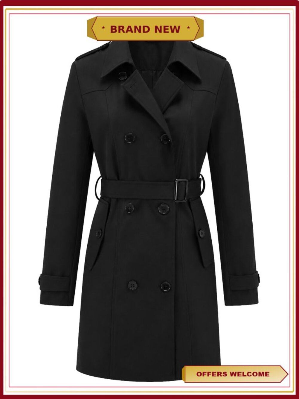 Double-Breasted Trench Coat Mid-Length Belted Water-Resistant Overcoat